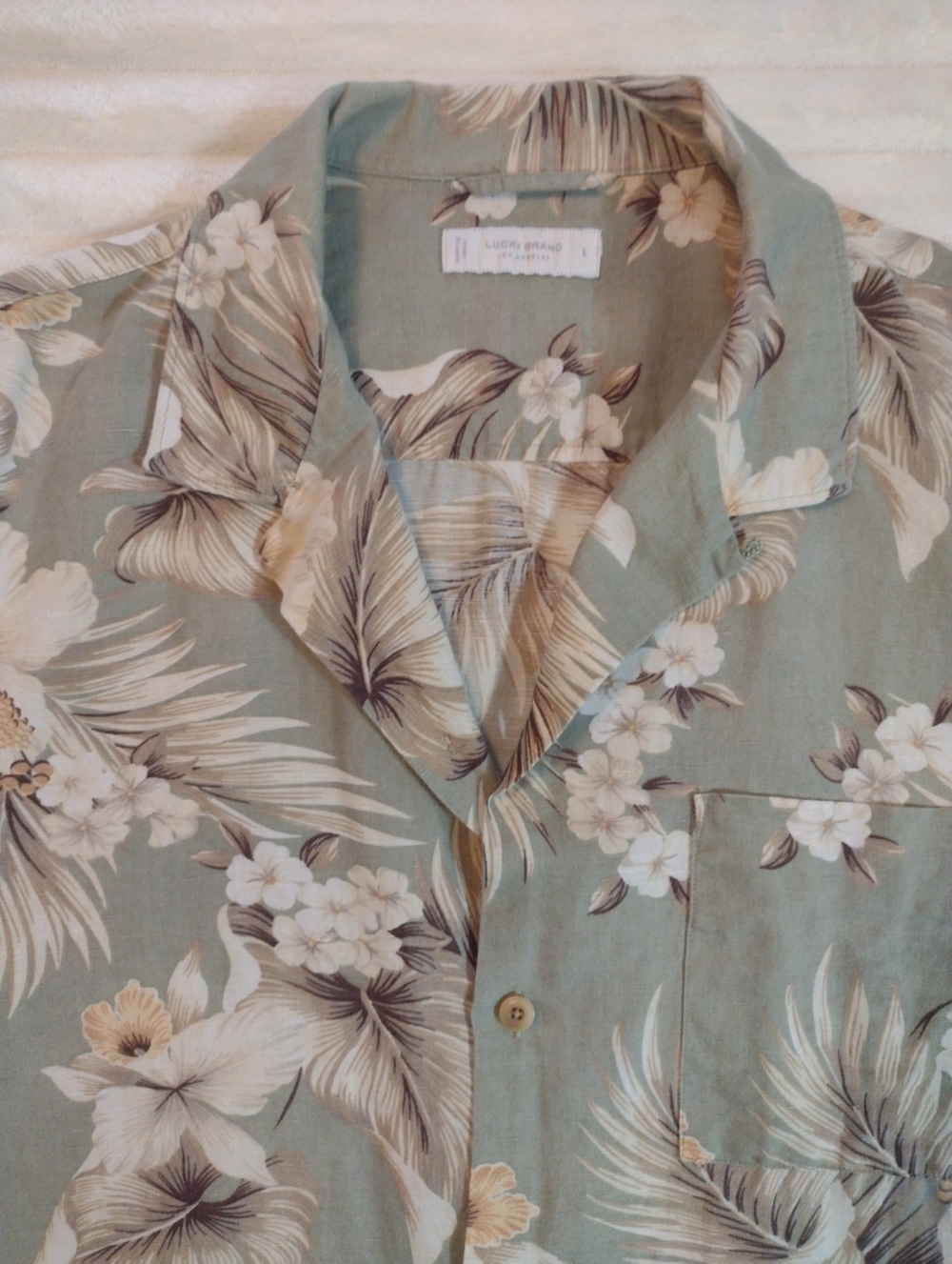 Lucky Brand Shirt Men's Large Linen Blend Tropical Print Button Hawaiian Shirt